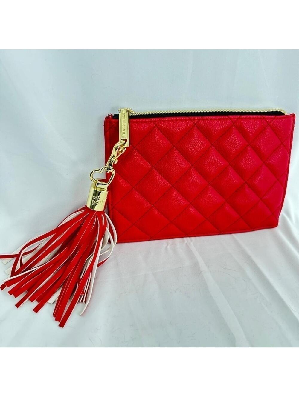 Betsey Johnson Red Quilted Gold Zipper Clutch with Gold & Red Detachable Tassel